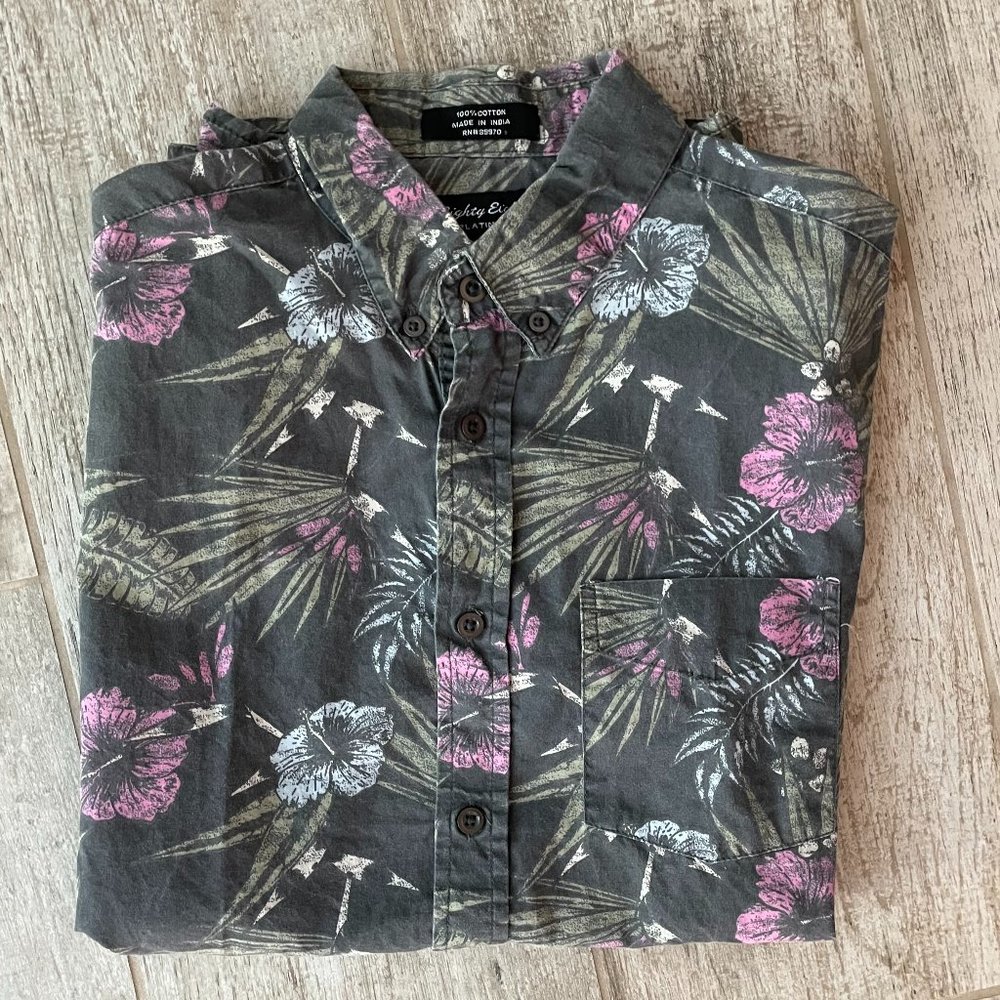 Olive Floral Collared Button Down Short Sleeve Shirt - Size S